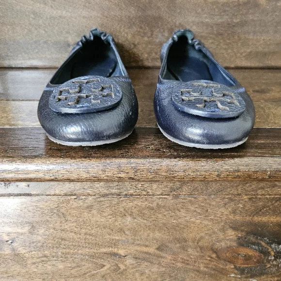 Tory Burch Navy Reva Tumbled Leather Ballet Flats - Picture 2 of 7